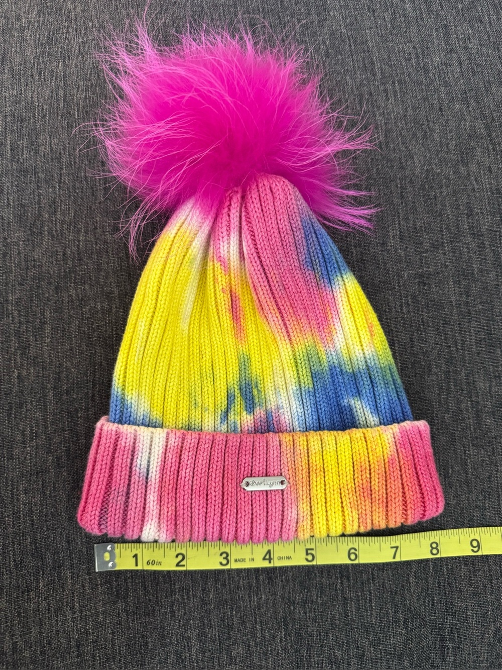 BARI LYNN  Girl's Rib Knit Tie-Dye Beanie with Faux  Fur Pompom
